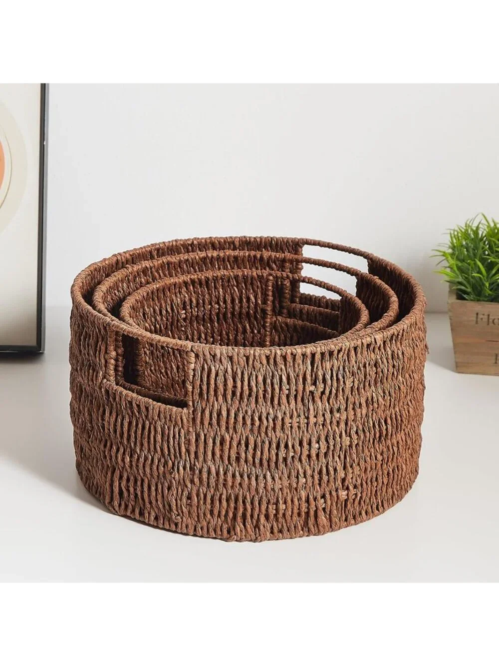 Hand-Woven Wicker Storage Baskets with Handles - Large Round Organizing Bins